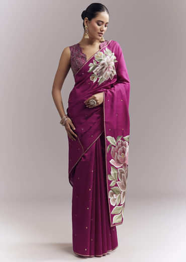 Wine Organza Silk Saree With Floral Thread Embroidery And Cutwork