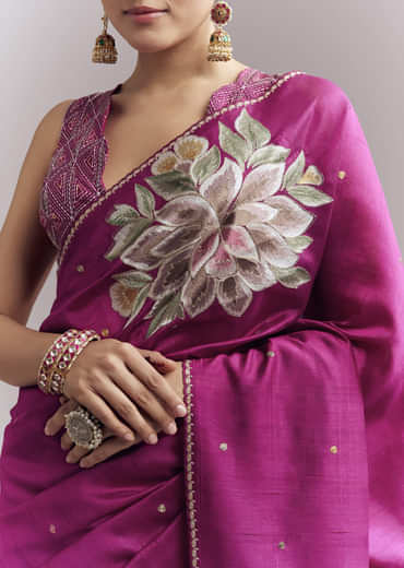 Wine Organza Silk Saree With Floral Thread Embroidery And Cutwork