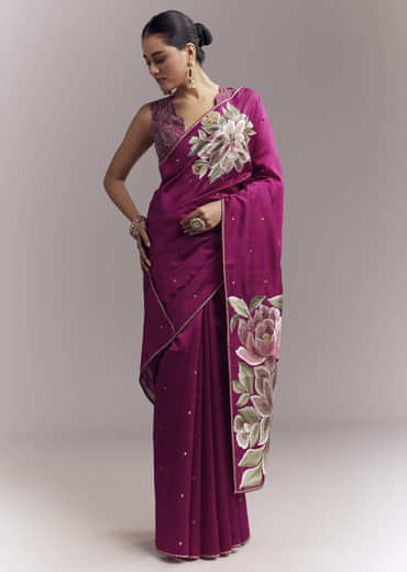 Wine Organza Silk Saree With Floral Thread Embroidery And Cutwork