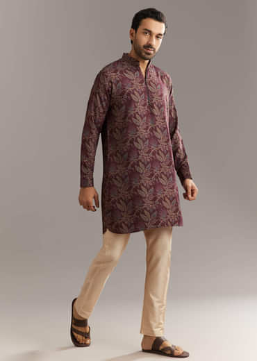 Wine Pashmina Silk Kurta Set With Vine Print Motifs