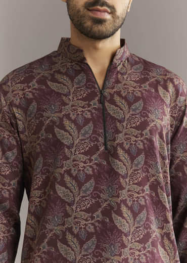 Wine Pashmina Silk Kurta Set With Vine Print Motifs