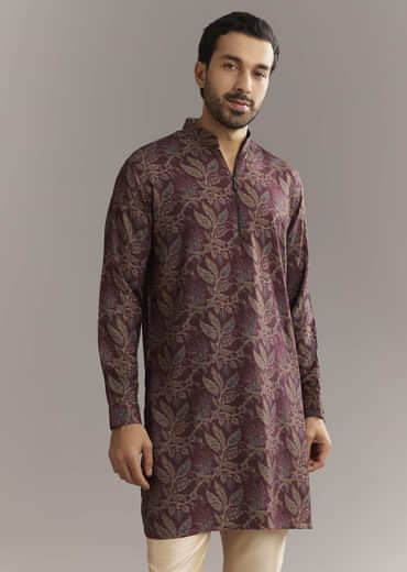 Wine Pashmina Silk Kurta Set With Vine Print Motifs