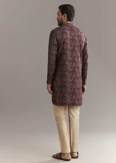 Wine Pashmina Silk Kurta Set With Vine Print Motifs