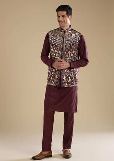 Wine Rayon Jacket Kurta Set with Gotta Work