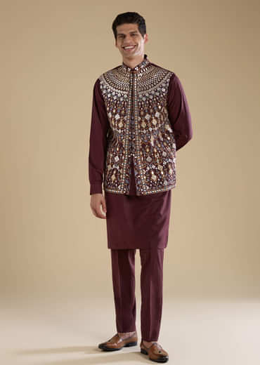 Wine Rayon Jacket Kurta Set with Gotta Work