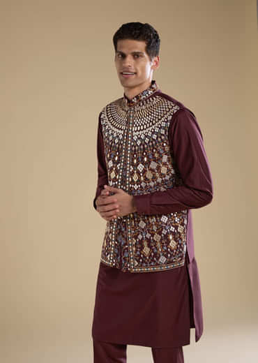 Wine Rayon Jacket Kurta Set with Gotta Work