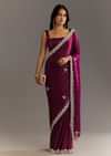 Wine Satin Embroidered Saree With Gota Patti And Zardosi Work