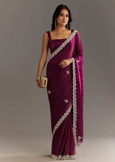 Wine Satin Embroidered Saree With Gota Patti And Zardosi Work