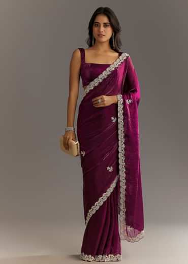 Wine Satin Embroidered Saree With Gota Patti And Zardosi Work