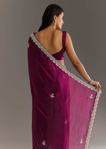 Wine Satin Embroidered Saree With Gota Patti And Zardosi Work