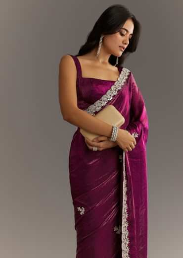 Wine Satin Embroidered Saree With Gota Patti And Zardosi Work