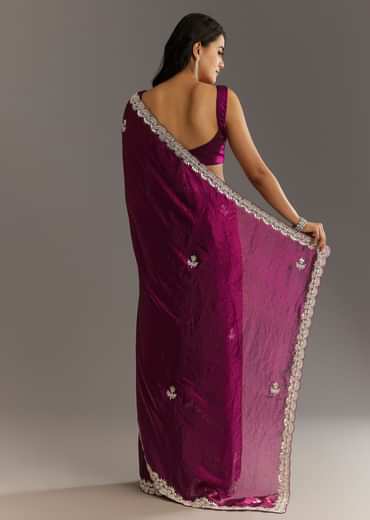 Wine Satin Embroidered Saree With Gota Patti And Zardosi Work