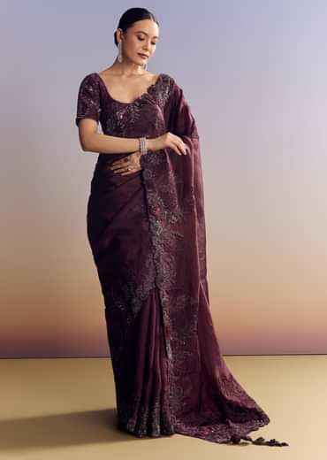 Wine Satin Saree With Heavy Floral Embroidery In Sequins And Cutdana