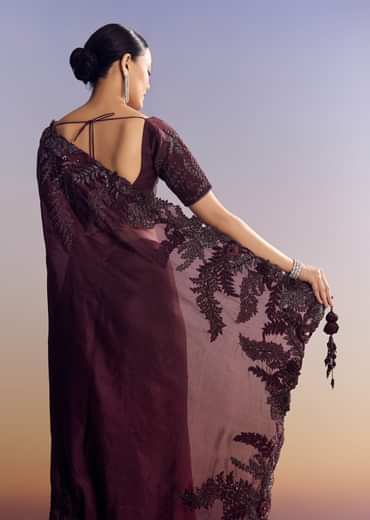Wine Satin Saree With Heavy Floral Embroidery In Sequins And Cutdana