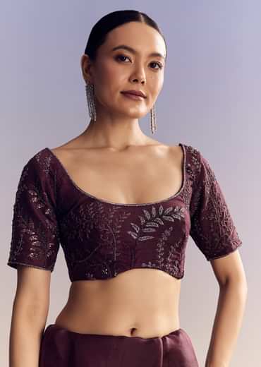 Wine Satin Saree With Heavy Floral Embroidery In Sequins And Cutdana