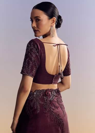 Wine Satin Saree With Heavy Floral Embroidery In Sequins And Cutdana