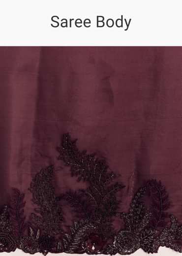 Wine Satin Saree With Heavy Floral Embroidery In Sequins And Cutdana
