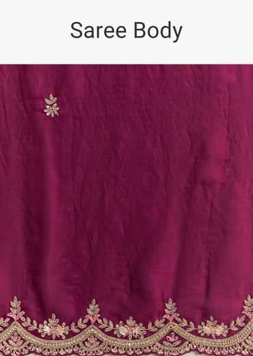 Wine Satin Sequins Saree With Zardosi Cutdana Embroidery And Scallop Border