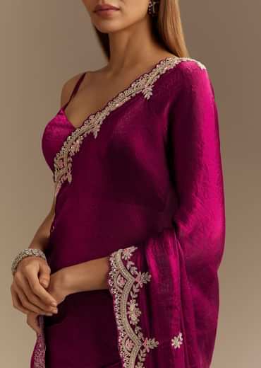 Wine Satin Sequins Saree With Zardosi Cutdana Embroidery And Scallop Border