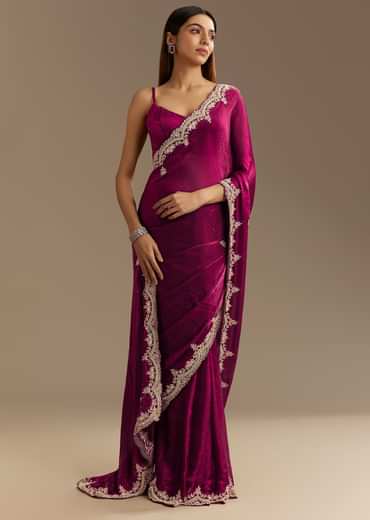 Wine Satin Sequins Saree With Zardosi Cutdana Embroidery And Scallop Border