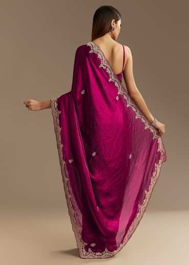 Wine Satin Sequins Saree With Zardosi Cutdana Embroidery And Scallop Border