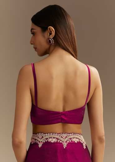 Wine Satin Sequins Saree With Zardosi Cutdana Embroidery And Scallop Border