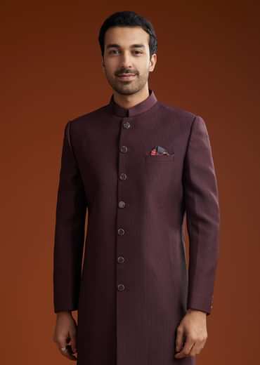 Wine Sherwani Set With Minimalist Design