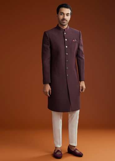 Wine Sherwani Set With Minimalist Design