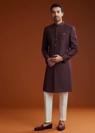 Wine Sherwani Set With Minimalist Design