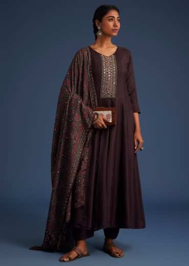 Wine Silk Anarkali Set With Ajrakh Print Dupatta