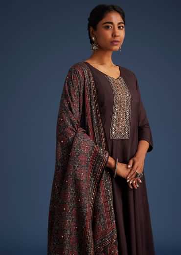 Wine Silk Anarkali Set With Ajrakh Print Dupatta