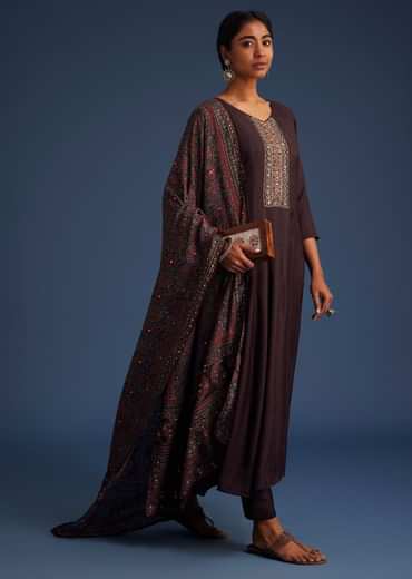 Wine Silk Anarkali Set With Ajrakh Print Dupatta