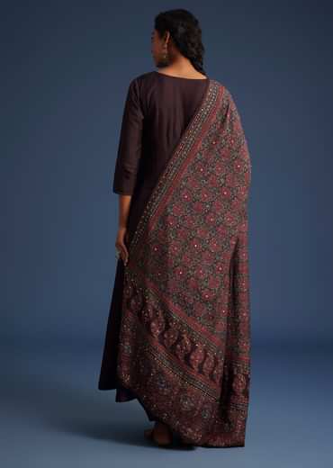 Wine Silk Anarkali Set With Ajrakh Print Dupatta