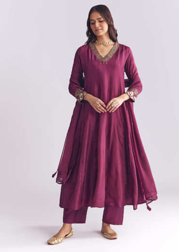 Wine Silk Anarkali Suit With Sequins And Cutdana Work