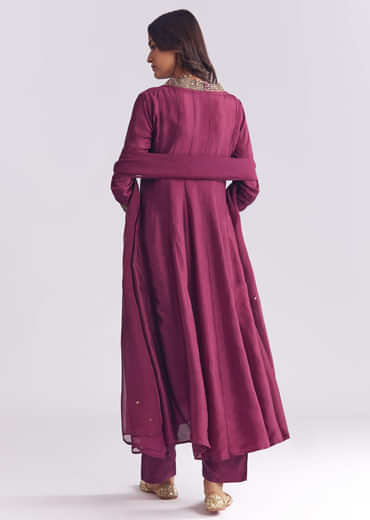 Wine Silk Anarkali Suit With Sequins And Cutdana Work