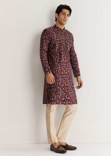 Wine Silk Floral Printed Kurta Set With Cutdana Work