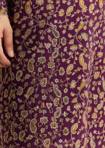 Wine Silk Floral Printed Kurta Set With Cutdana Work