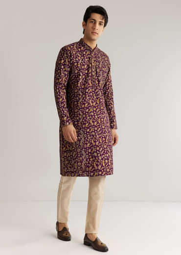 Wine Silk Floral Printed Kurta Set With Cutdana Work