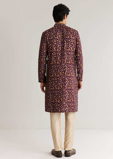 Wine Silk Floral Printed Kurta Set With Cutdana Work