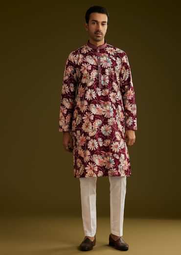 Wine Silk Floral Printed Kurta Set With Stone Work