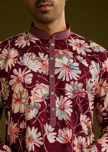 Wine Silk Floral Printed Kurta Set With Stone Work