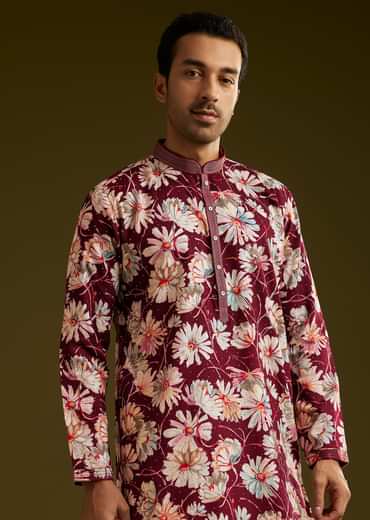 Wine Silk Floral Printed Kurta Set With Stone Work