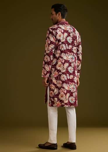 Wine Silk Floral Printed Kurta Set With Stone Work