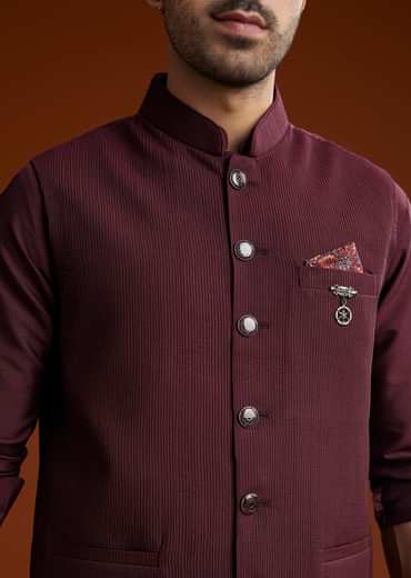 Wine Silk Kurta Jacket Set With Pintucks Detailing