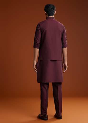 Wine Silk Kurta Jacket Set With Pintucks Detailing