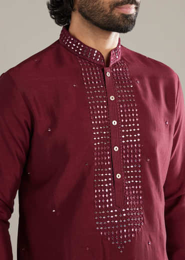 Wine Silk Kurta Set For Men With Mirror Work