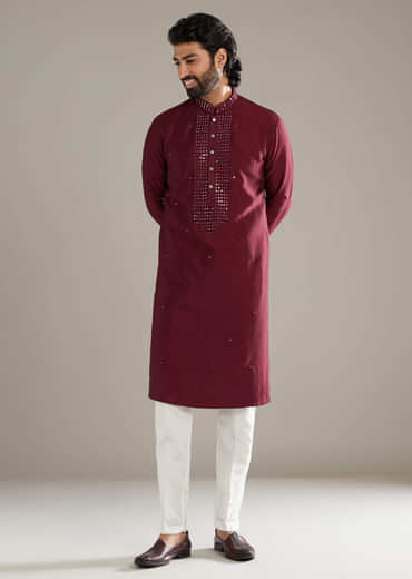 Wine Silk Kurta Set For Men With Mirror Work