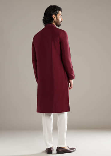 Wine Silk Kurta Set For Men With Mirror Work