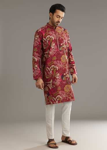 Wine Silk Kurta Set With Stone Embellishment