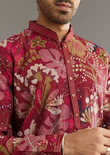 Wine Silk Kurta Set With Stone Embellishment